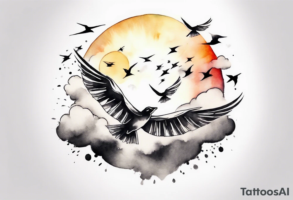 a shoulder round shape tattoo with lots of rays of light in gradient starting from the middle
, clouds and birds flying free tattoo idea