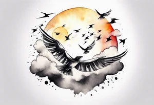 a shoulder round shape tattoo with lots of rays of light in gradient starting from the middle
, clouds and birds flying free tattoo idea
