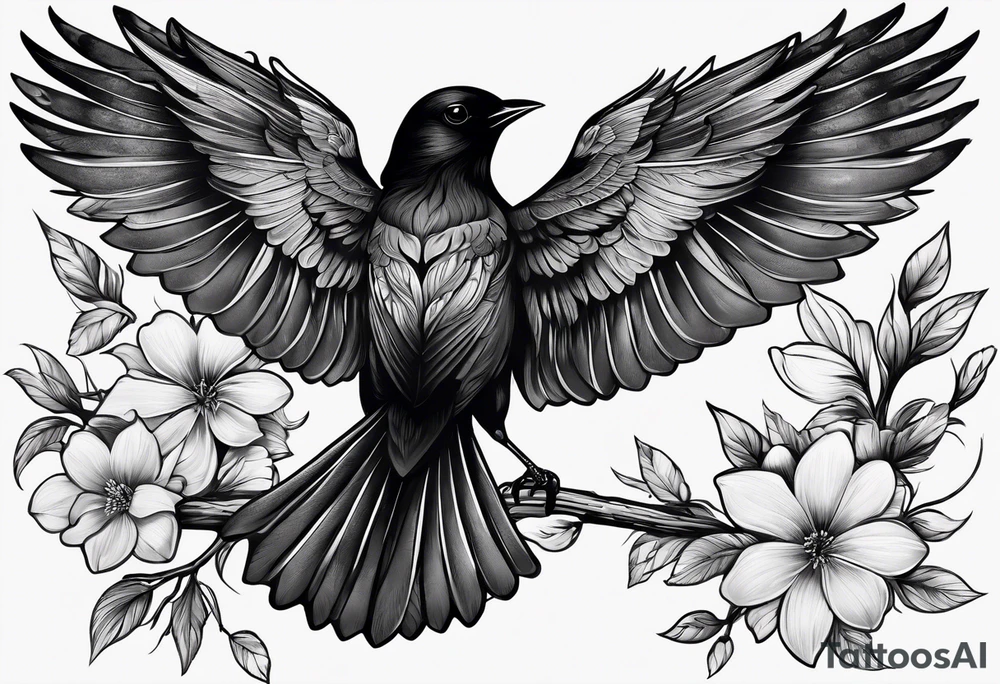 Black bird with its wings up about to fly on a branch with flowers tattoo idea