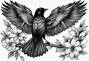 Black bird with its wings up about to fly on a branch with flowers tattoo idea