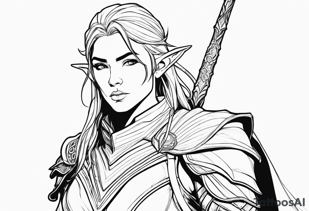 Sketch a 3/4 profile of an androgynous elven warrior with a majestic, epic, and heroic facial appearance and short hair in a fantasy comic book style. Sketch only in simple, clean contour lines. Sketch with dynamic movement rendered only in thick outer lines of black ink, with only outer strokes and contours. The genderless elf's face has a serious, resolute expression, and the figure holds an ornate sword in his hand. Create a backdrop with the moon and mountains on the horizon forming the setting behind the character. The figure has narrow eyes, furrowed brows, and lips pressed into a thin, strong line, demonstrating unwavering determination framed by the silhouette of a royal crown of metal leaves. The elven features are defined by hard, defined cheekbones, an angled, defined forehead, a hard, strong jaw, and strong, pointed ears. Sketch only with outer contours in black ink; art should be high contrast black and white only. Sketch is just outer lines with black ink concept art style, developed for fantasy comic book characters tattoo idea