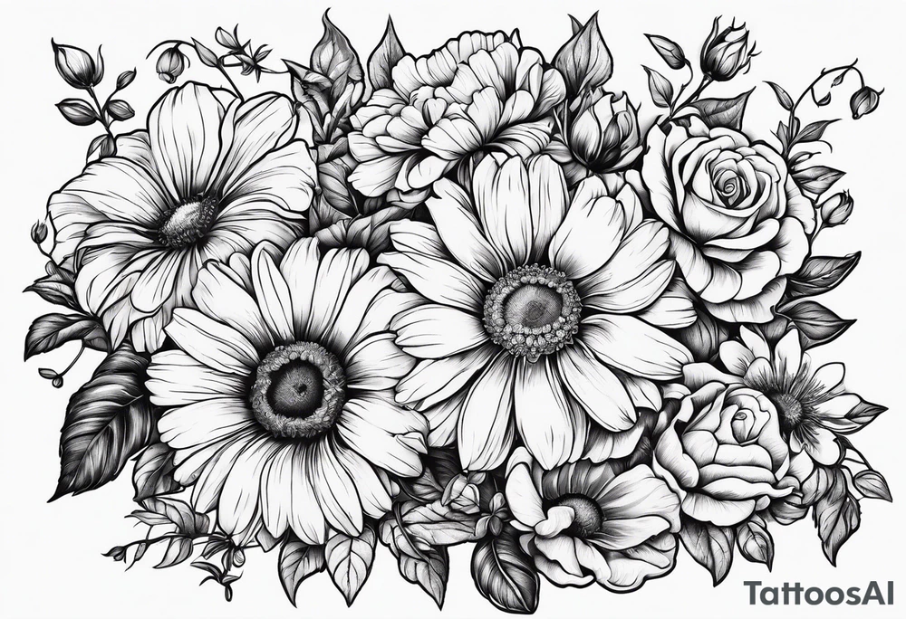 Roses, marigolds, cosmos, daisies, sweet peas and sunflowers vines tattoo idea