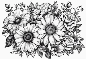 Roses, marigolds, cosmos, daisies, sweet peas and sunflowers vines tattoo idea