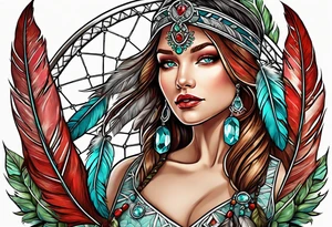 dreamcatcher with an aquamarine feather a red feather and a peridot feather with gemstones tattoo idea