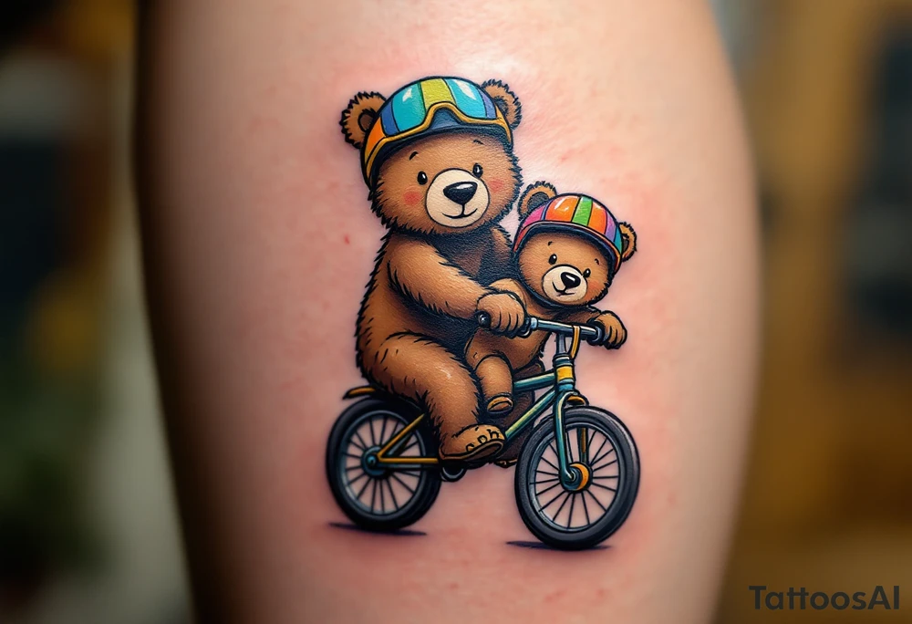 A bear and cub riding a bike together, drawn in simple round shapes with brown fur and colorful helmets. tattoo idea