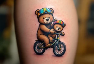 A bear and cub riding a bike together, drawn in simple round shapes with brown fur and colorful helmets. tattoo idea