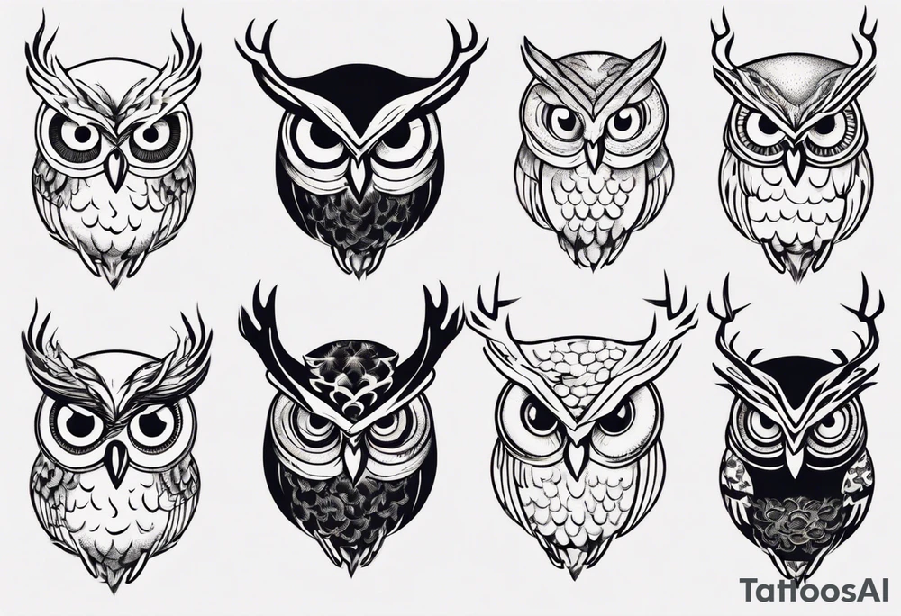 Owl with glistering eyes and antlers sticking out of it's head tattoo idea