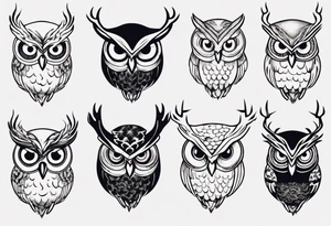 Owl with glistering eyes and antlers sticking out of it's head tattoo idea