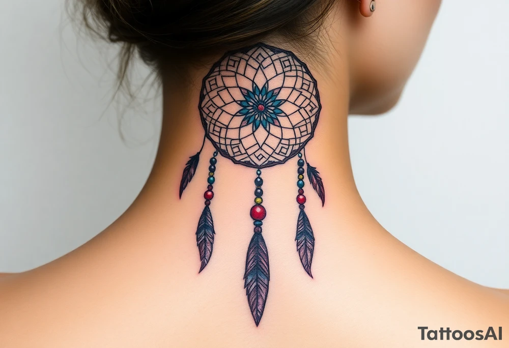 native dreamcatcher with flowing feathers and sacred beads tattoo idea