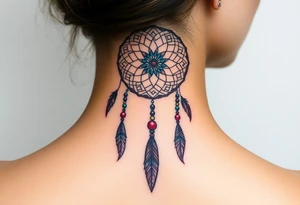 native dreamcatcher with flowing feathers and sacred beads tattoo idea