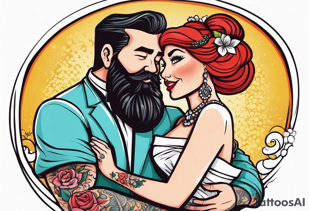Busty red haired woman with a bearded man who has black hair getting married tattoo idea
