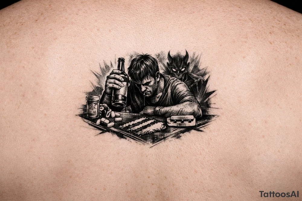 Fuck it, I don't give a damn, bottle in my hand
Pill poppin', jaw lockin', slumped where I stand
Lines on the counter, devil in the cut
All these drugs, motherfucker, I just mix 'em up tattoo idea Fuck it, I don't give a damn, bottle in my hand
Pill poppin', jaw lockin', slumped where I stand
Lines on the counter, devil in the cut
All these drugs, motherfucker, I just mix 'em up tattoo idea