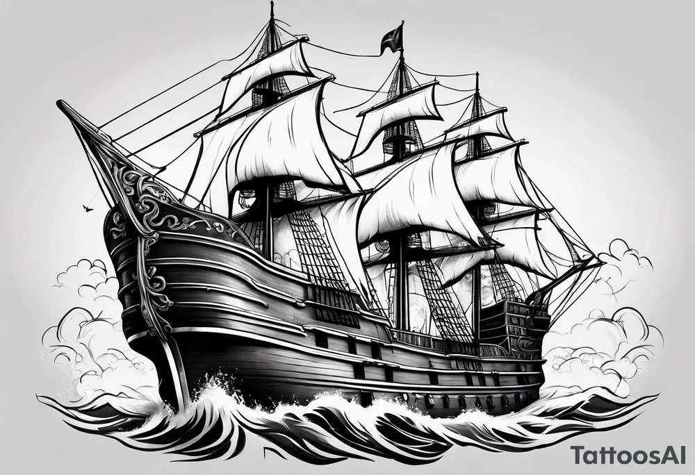 huge dark wooden ship 3D tattoo idea