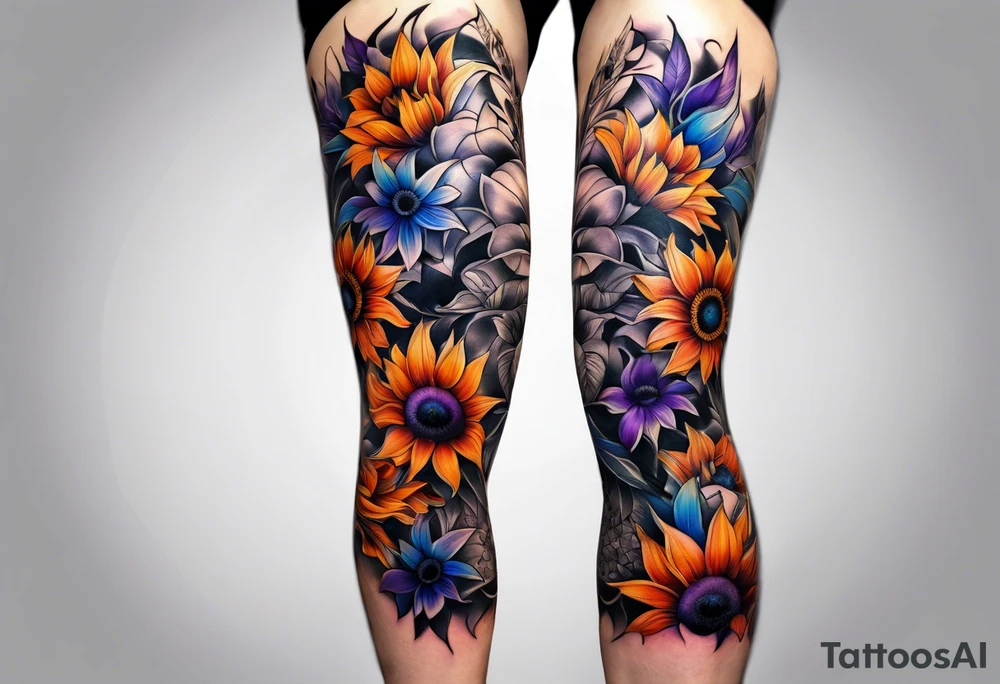 Full leg sleeve with purple, orange and blue sunflowers tattoo idea
