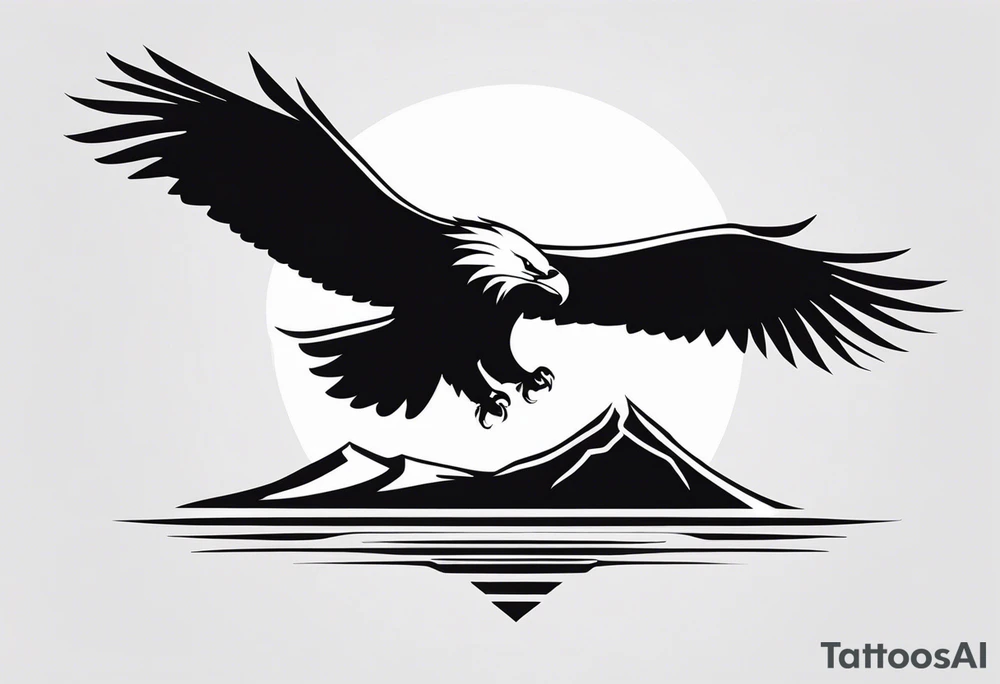 black and white, a flying eagle and a rising sun tattoo idea black and white, a flying eagle and a rising sun tattoo idea