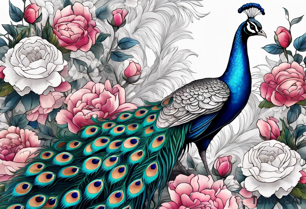 beautiful highly detailed peacock surrounded by peonies, roses. and leaves, philligry, intricate, detailed, tattoo idea
