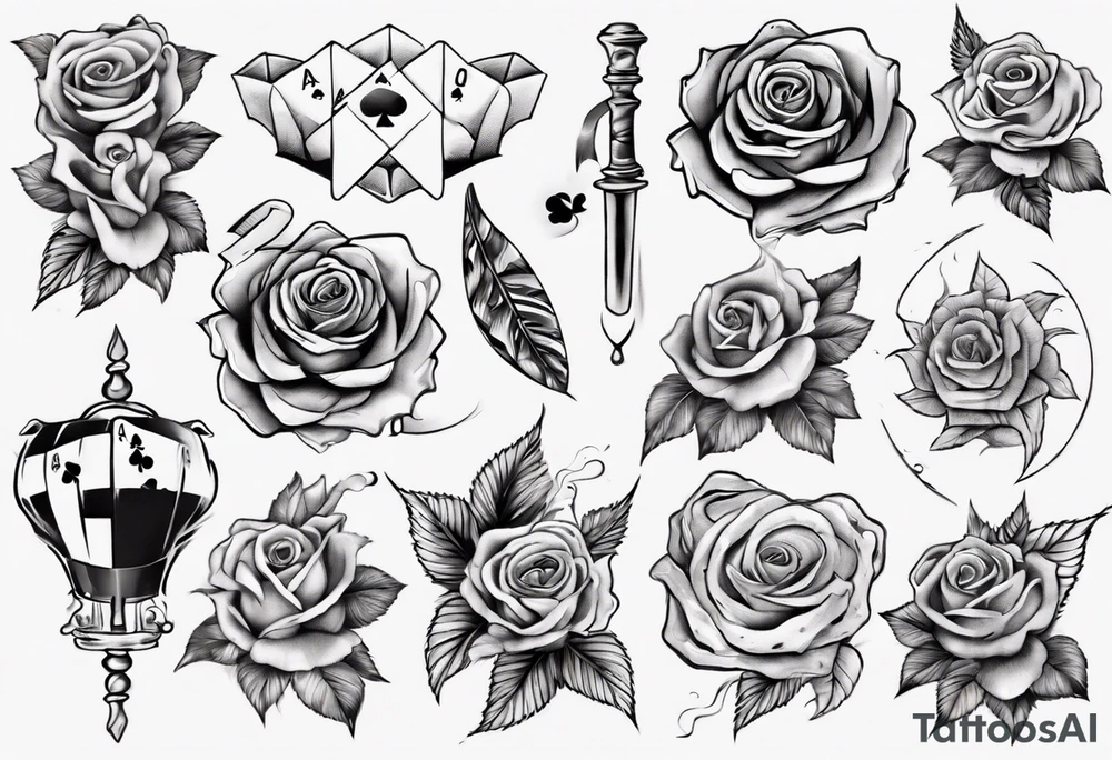 Half-sleeve with roses, beach theme and gambling tattoo idea