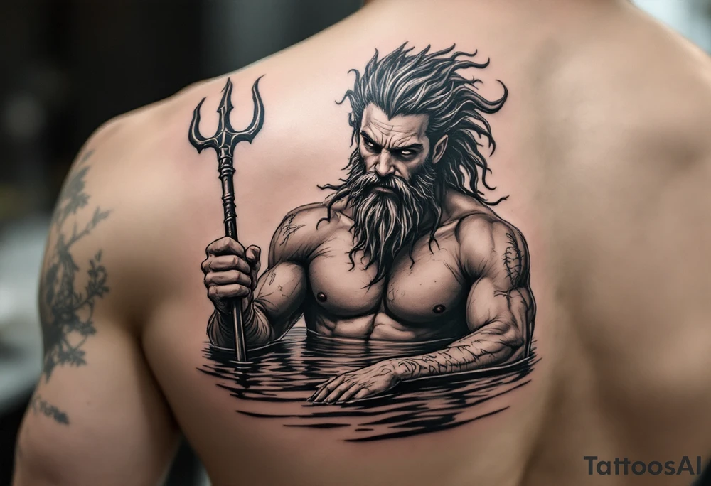 young, fit poseidon in calm water, holding a trident, holding a beer, wink tattoo idea
