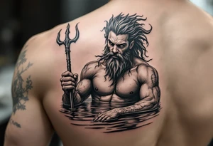 young, fit poseidon in calm water, holding a trident, holding a beer, wink tattoo idea