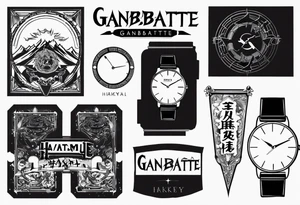 the word ganbatte in japanse combined with the watch from the anime full metal alchemist and a crow from the anime haikyuu tattoo idea