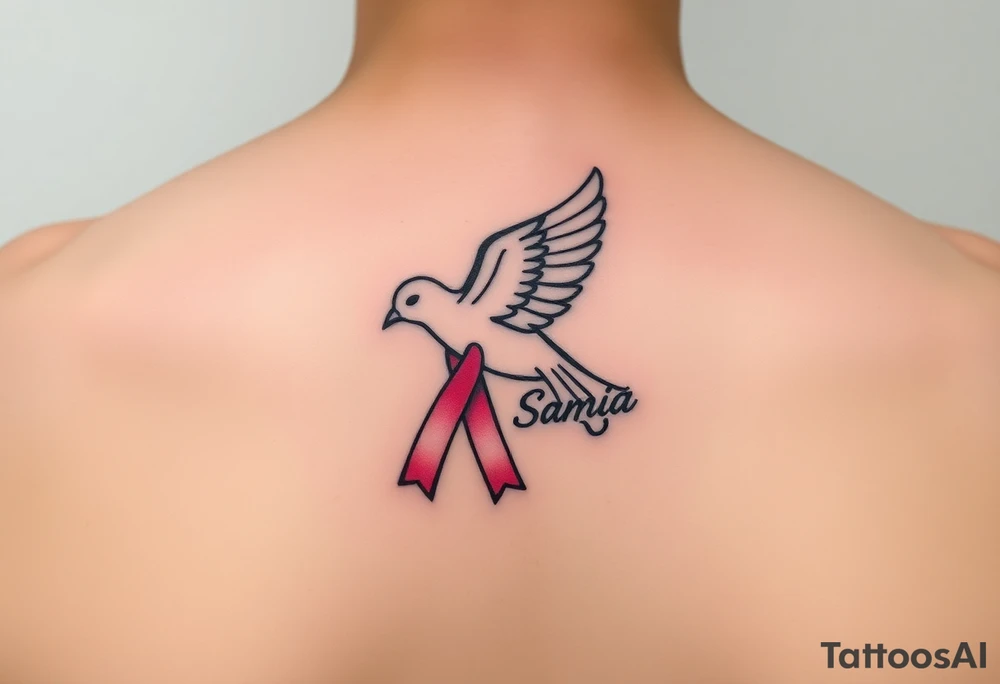 A dove carrying a breast cancer ribbon with the name Samia. tattoo idea