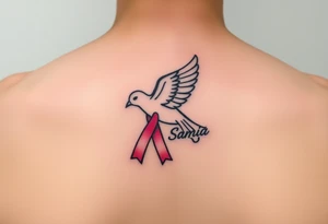A dove carrying a breast cancer ribbon with the name Samia. tattoo idea