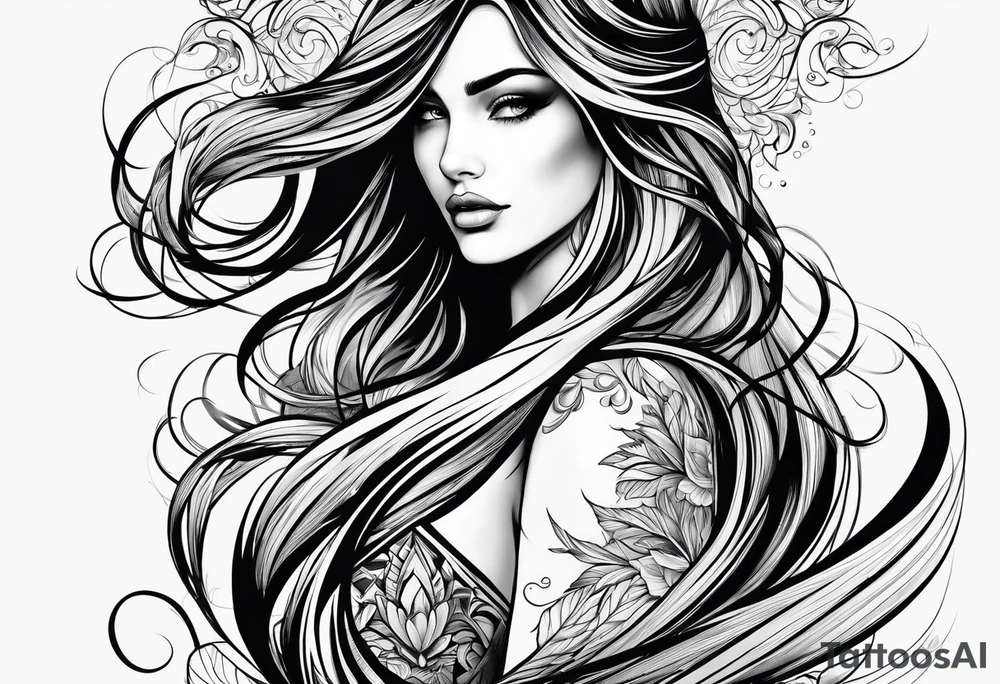 long hair flowing from shoulder to elbow tattoo idea