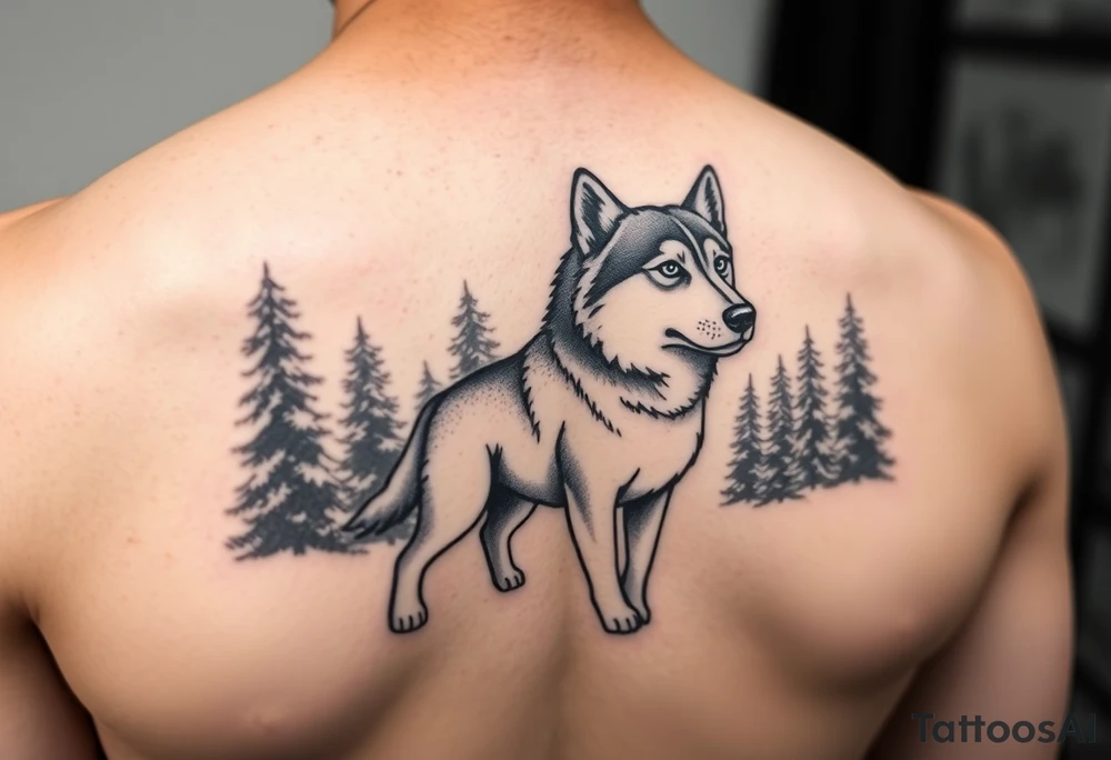 Majestic Siberian husky in a snowy forest scene tattoo idea