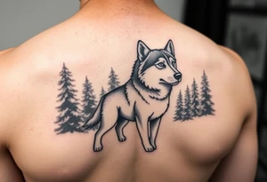 Majestic Siberian husky in a snowy forest scene tattoo idea