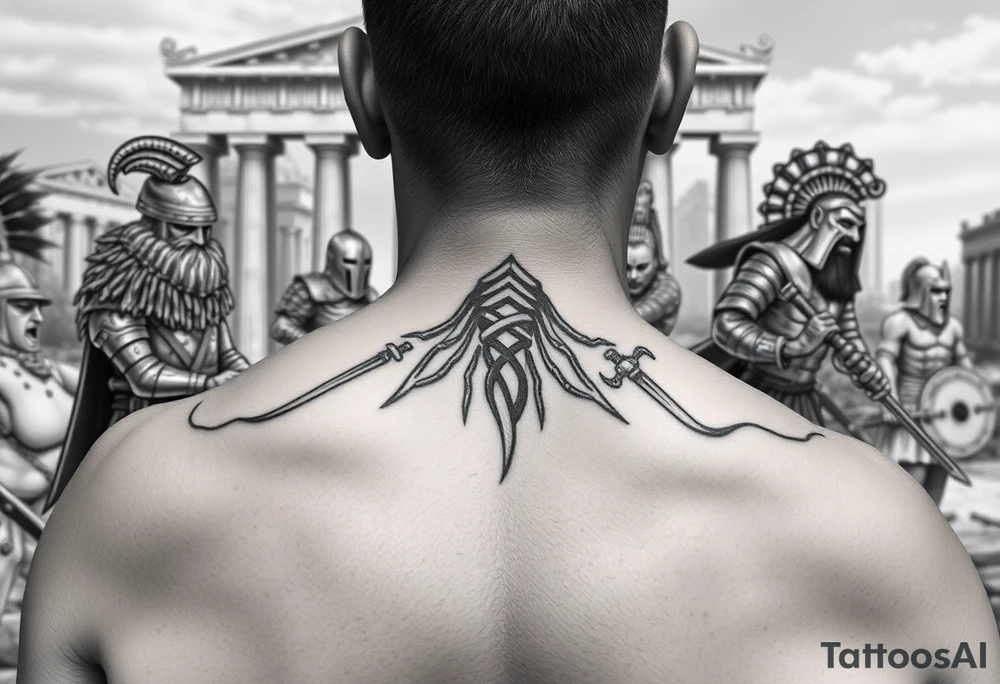For a full back tattoo create the following battle seen- Viking vs Angus Kahn vs English knight vs Roman gladiator vs Japanese samurai. Note realistic fighting and weapons against each other. Background ancient ruins of Greece tattoo idea