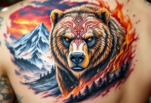 Slavic Bear – A giant bear with piercing amber eyes, decorated with red and gold war markings, standing before a mountain under a burning sky. tattoo idea
