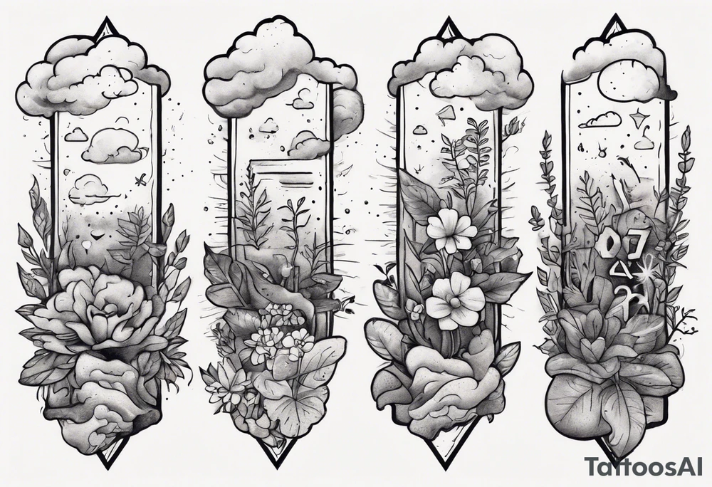 a forearm tattoo with a cloud with little plants and underneath it the date 12.08.05 tattoo idea