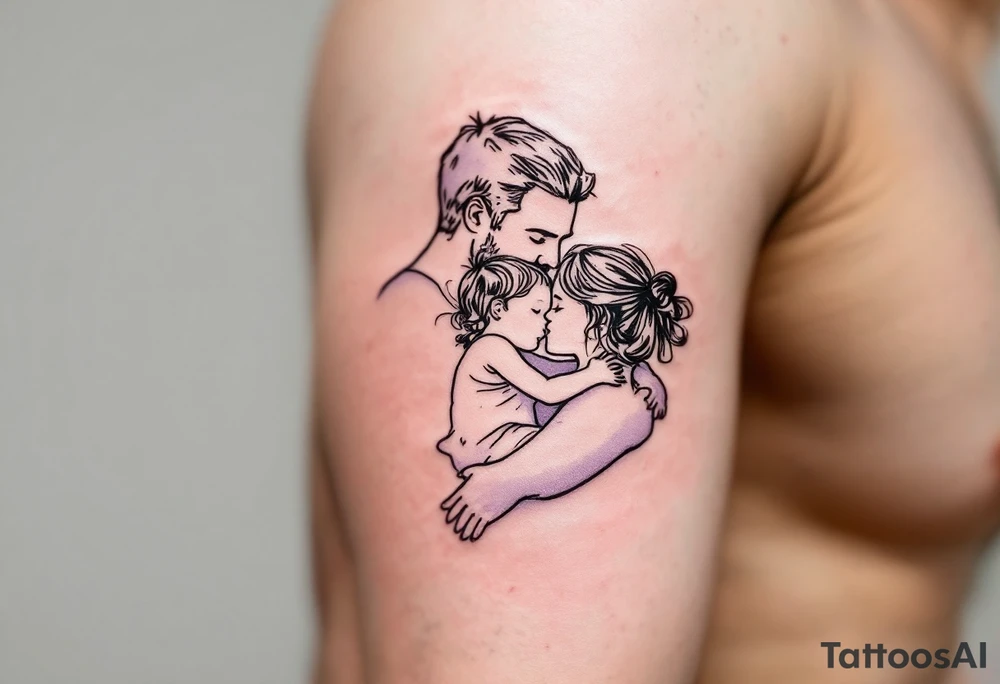 A fine-line tattoo of a father and little daughter embracing, filled with soft lavender and blush tones. tattoo idea