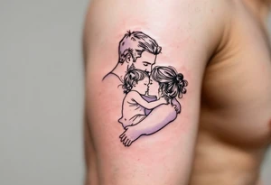 A fine-line tattoo of a father and little daughter embracing, filled with soft lavender and blush tones. tattoo idea