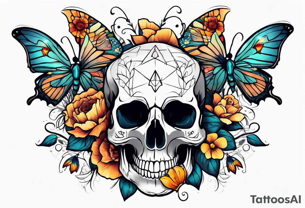 Skull tattoo with a large scorpion, butterflies, and flowers tattoo idea