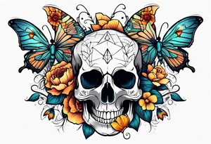Skull tattoo with a large scorpion, butterflies, and flowers tattoo idea
