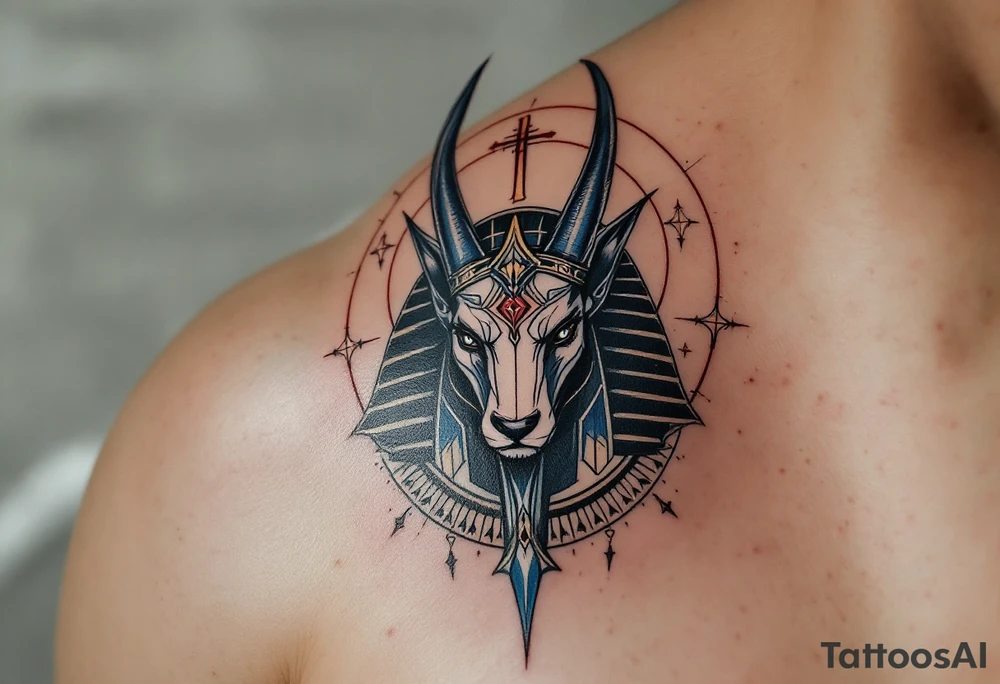 An Anubis with a Halo - Blending Egyptian mythology with Christian spirituality (only red , blue and black are possible colors) tattoo idea