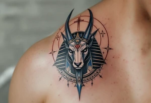 An Anubis with a Halo - Blending Egyptian mythology with Christian spirituality (only red , blue and black are possible colors) tattoo idea