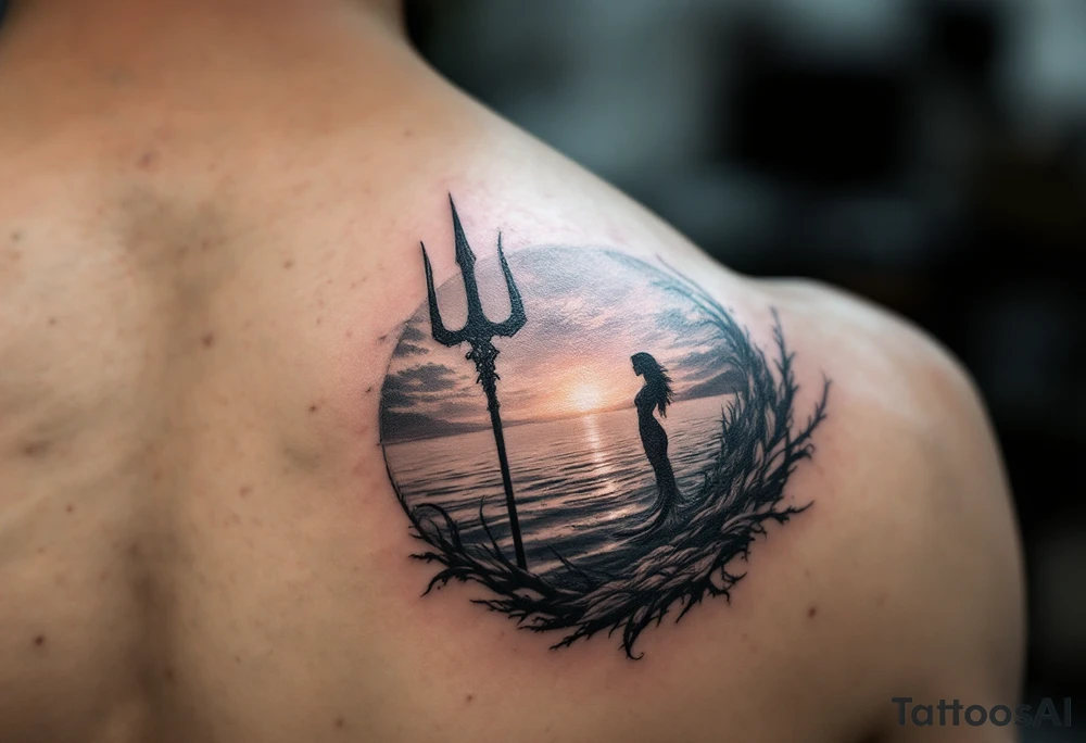 trident half way under calm water with sunset and mermaid tattoo idea