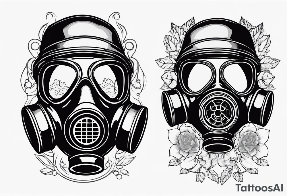 Gas mask with smoke coming out of it and scenes in the lenses tattoo idea
