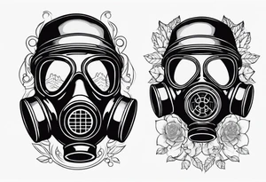 Gas mask with smoke coming out of it and scenes in the lenses tattoo idea