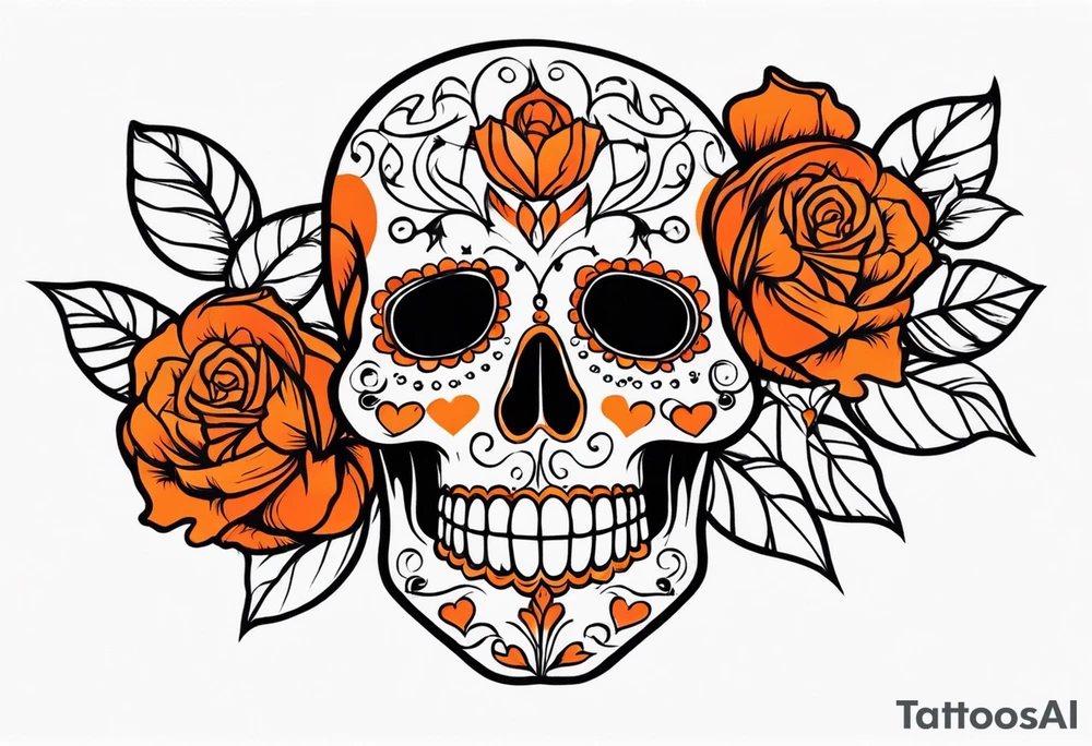 Orange Sugar skull with roses that are orange and red with smoke around it tattoo idea