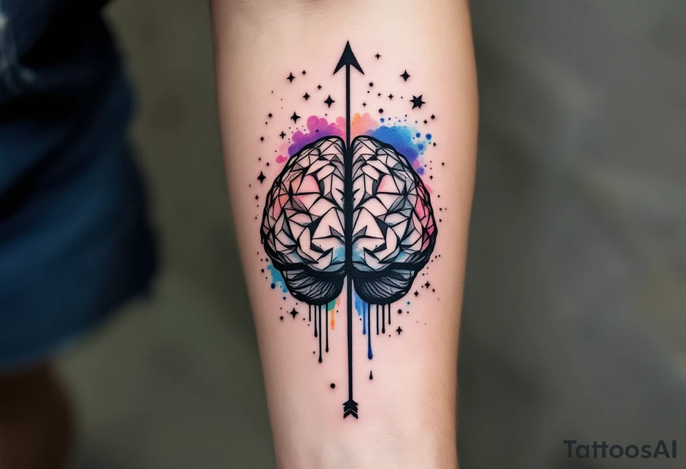 A front-seen brain in geometric and straight lines, with few watercolor details but mostly black, symbols representing intelligence, creativity and dreaming flying arround, the phrase "Aut inveniam viam aut faciam" and an arrow crossing from above with watercolors leaking from it tattoo idea