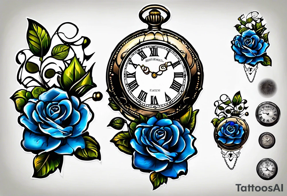 Pocket watch with blue roses tattoo idea