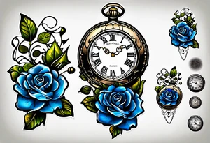 Pocket watch with blue roses tattoo idea