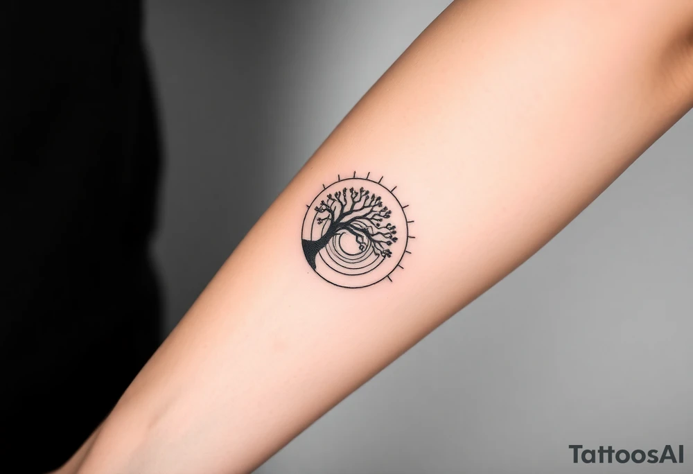 Tree inside of a spiral Fibonacci spiral sun tattoo idea