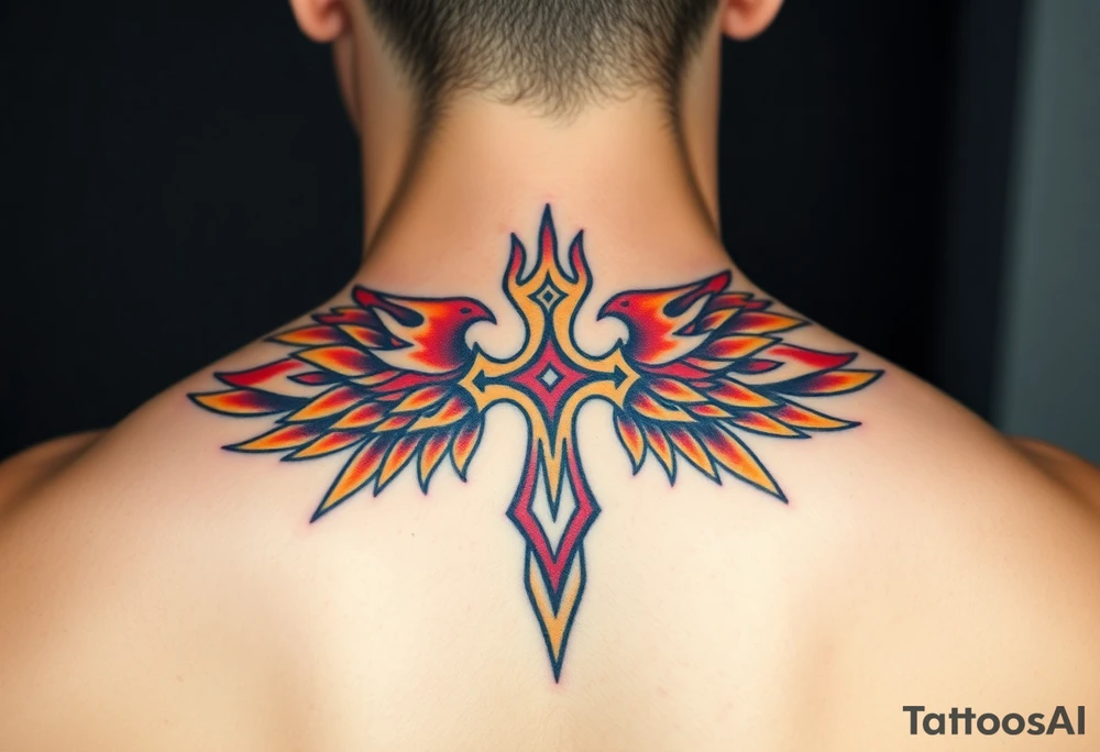 A flaming cross with phoenix wings, colored in shades of red, orange, and yellow, symbolizing rebirth tattoo idea