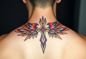 A flaming cross with phoenix wings, colored in shades of red, orange, and yellow, symbolizing rebirth tattoo idea