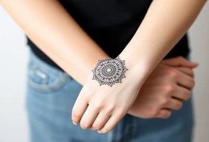 A delicate lace armband going around in a mandala style, incorporating intricate, circular details tattoo idea