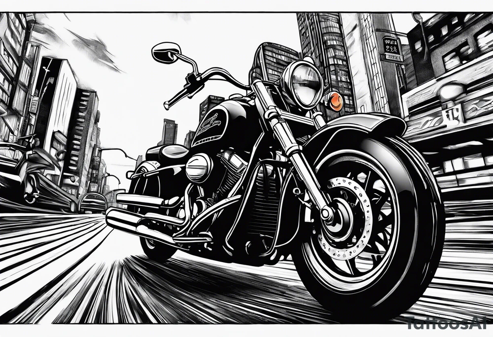 cards fanned over a city with a motorcycle on the road tattoo idea